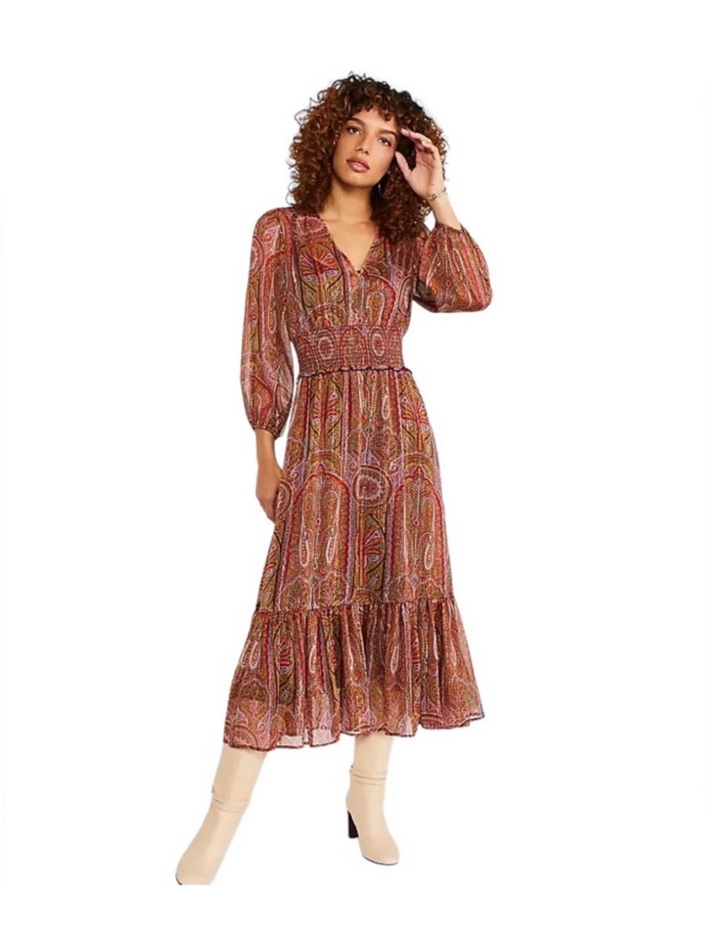 Ann Taylor shimmer paisley smocked waist ankle dress balloon sleeve slip size 14